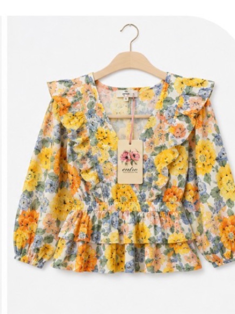 Entro NWT Floral Ruffle Peplum Cotton Blouse Yellow Orange Blue Small